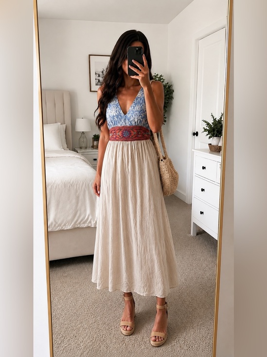 Flying Tomato Dresses & Skirts - Flying Tomato Blue & Cream Boho Maxi Dress with Red Embroidered Waist
